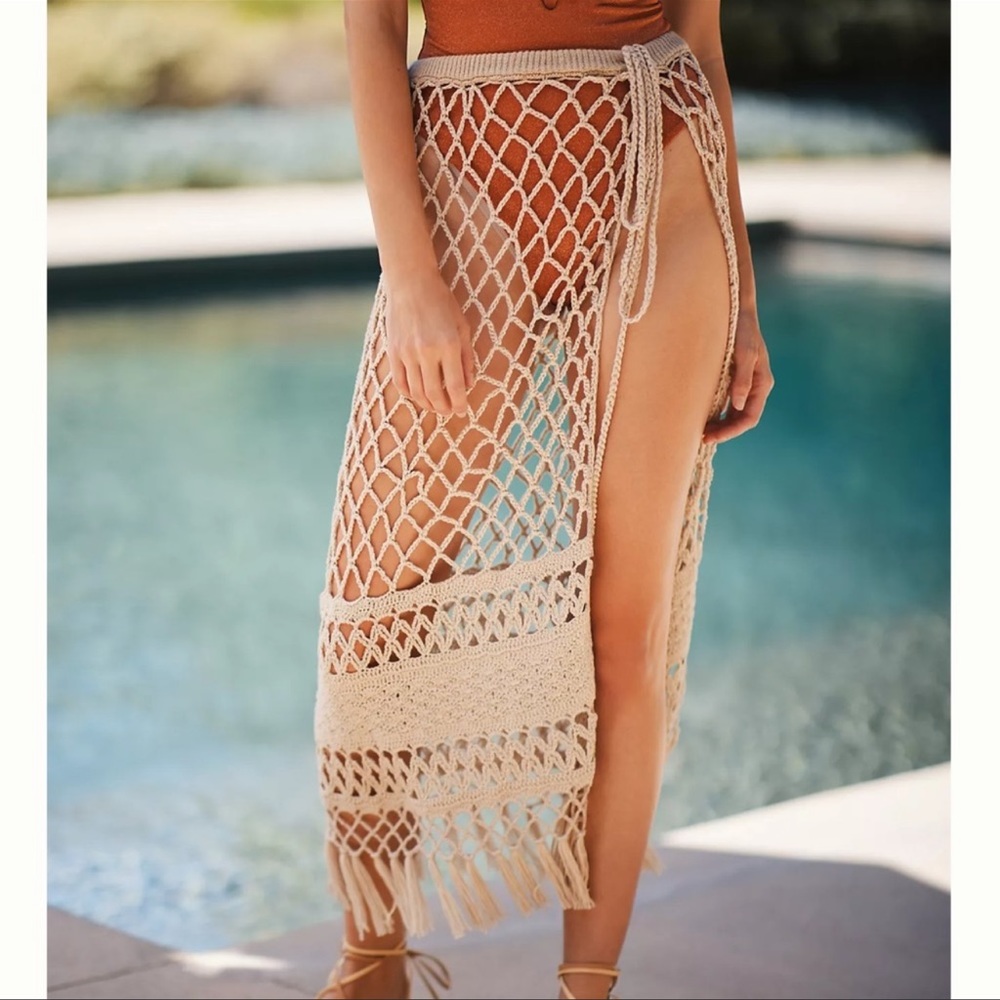 Anthropologie Tan Crochet Macramé Beach Swimsuit Cover Up Wrap Skirt one Sz